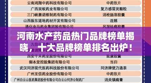河南水产药品热门品牌榜单揭晓,十大品牌榜单排名出炉!